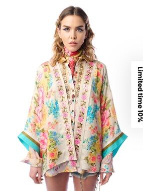 Aratta Earth Angels Cream Floral Embroidered Kimono with Flowers NWT